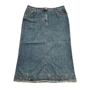 Ruby Rd Boho Denim Midi Skirt 12 (34x33.5) Blue Bead Embellishment Stretch Women